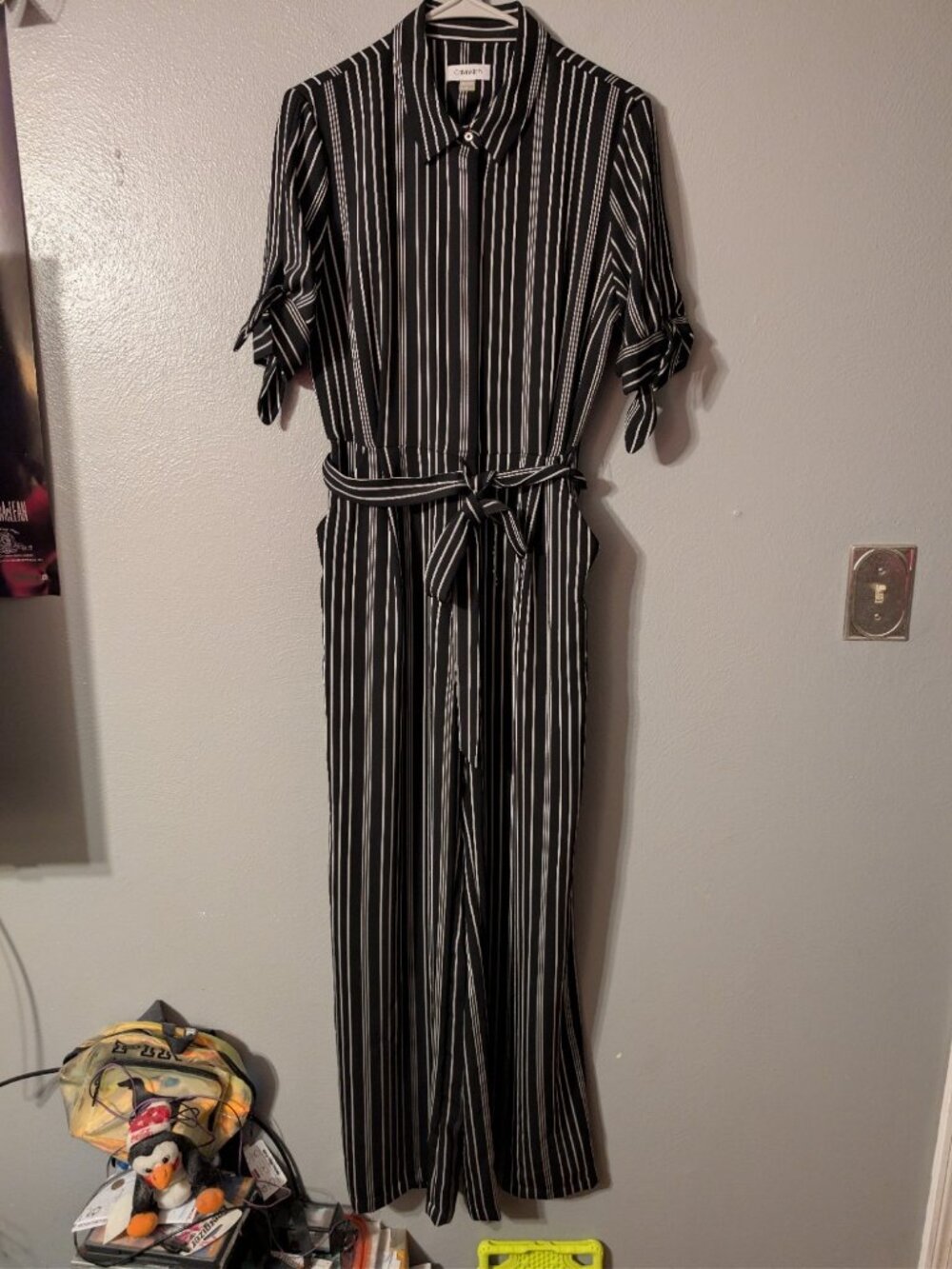 Calvin Klein Striped Wide Leg Jumpsuit Size 10 Black White Tie Sleeve CD9E25J1 - Picture 2 of 12